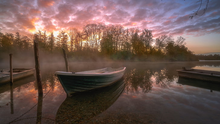 boat, reflection, sky, water, mist, dawn, river, rowing boat, misty, bank, tree, HD wallpaper
