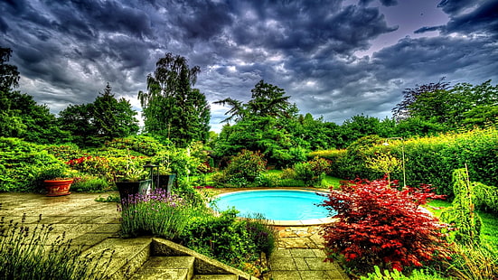 Фотография, HDR, цвете, градина, басейн, дърво, HD тапет HD wallpaper