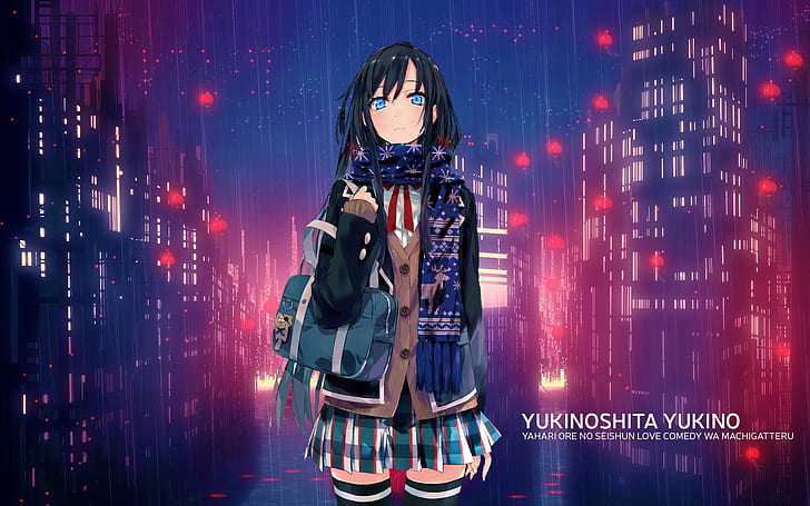 Anime, Anime Girls, Yukinoshita Yukino, Regen, Rock, lange Haare, schwarze Haare, blaue Augen, HD-Hintergrundbild