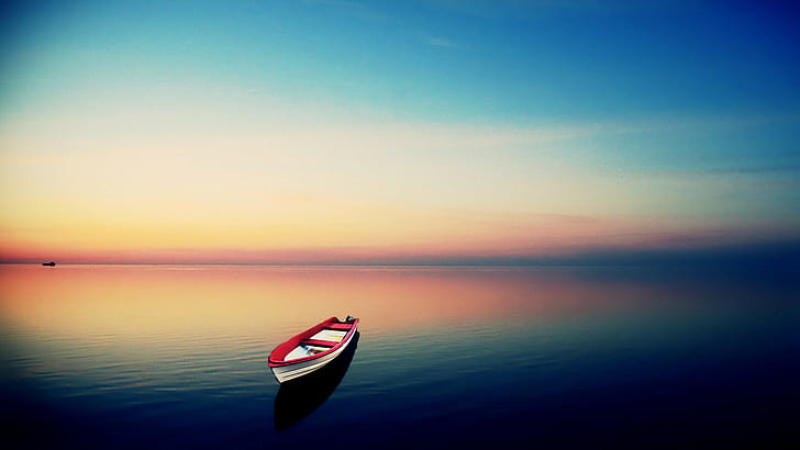 лодка, вода, море, небо, транспортное средство, солнечный свет, природа, спокойствие, красочный, голубой, синий, бирюзовый, желтый, HD обои