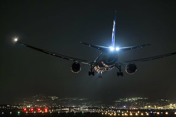 самолет, самолёт, Аэропорт, Боинг, Боинг 777, посадка, ночь, Взлетно-посадочная полоса, HD обои