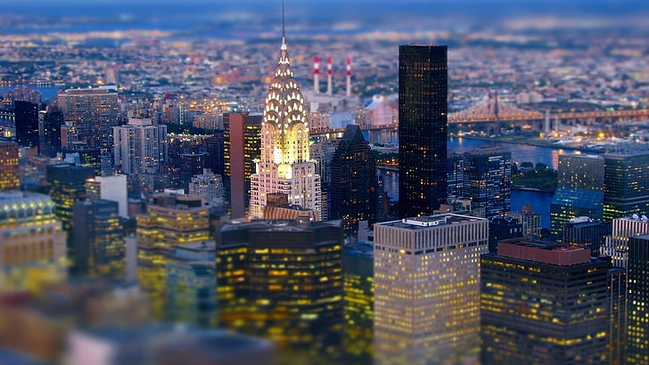 фотография наклона высотных зданий, городской пейзаж, архитектура, здание, город, небоскреб, Манхэттен, Эмпайр Стейт Билдинг, Нью-Йорк, США, вид с высоты птичьего полета, огни, сдвиг наклона, мост, HD обои