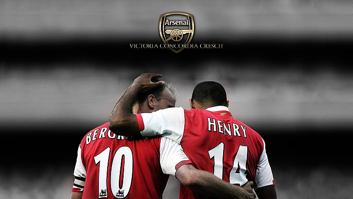 men's red and white crew-neck shirt, Arsenal Fc, London, Thierry Henry, Dennis Bergkamp, highbury, soccer clubs, legend, gunners, HD wallpaper