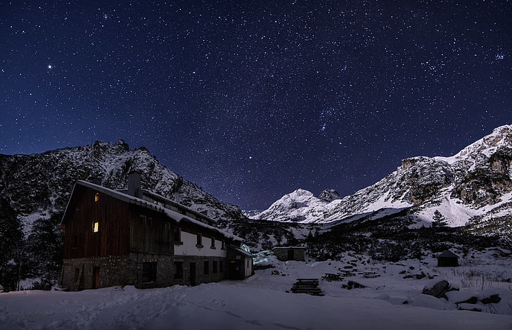 winter, the sky, stars, light, snow, Bulgaria, Rila mountain, Malyovitsa Chalet, Malyovitsa, HD wallpaper