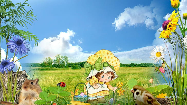 Easter Egg Hunt, girl wearing white and yellow floral dress picking flower sitting on the green grass painting ]\, rodent, little girl, bird, flowers, field, easter, eggs, squirrel, cloud, sweet, lady bug, chip, HD wallpaper