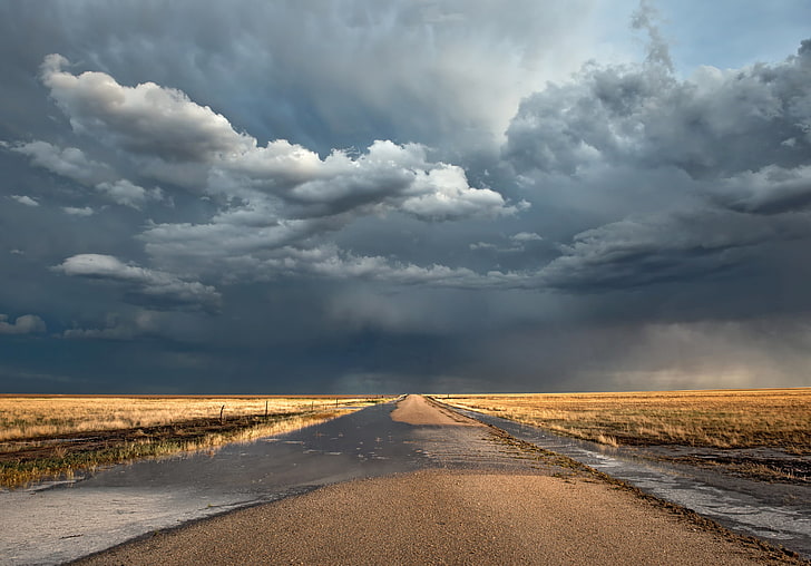 cumulus cloud formation, road, clouds, field, after the rain, puddles, HD wallpaper