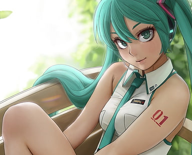 personnage d'anime aux cheveux verts, Vocaloid, Hatsune Miku, cheveux verts, cravates, yeux verts, filles d'anime, Fond d'écran HD HD wallpaper