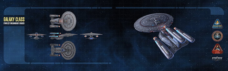 رسم توضيحي لـ Galaxy Class ، Star Trek ، سفينة فضاء ، شاشات متعددة ، شاشات مزدوجة، خلفية HD