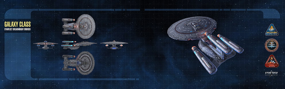 Иллюстрация Galaxy Class, Star Trek, космический корабль, несколько дисплеев, два монитора, HD обои HD wallpaper