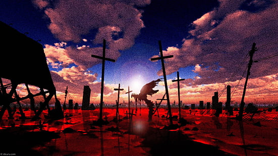 silhouette of crosses under cloudy sky during daytime, Neon Genesis Evangelion, anime, artwork, HD wallpaper HD wallpaper