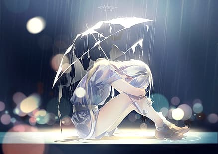  sad, rain, crying, umbrella, anime girls, anime, white hair, HD wallpaper HD wallpaper
