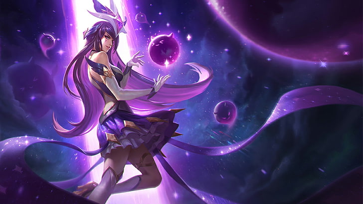 purple-haired female anime character illustration, Summoner's Rift, League of Legends, Star Guardian, anime, stars, shooting stars, Syndra, Emoji, HD wallpaper