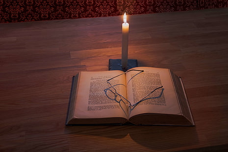 bible, book, candle, candlelight, dark, education, glasses, glow, heat, indoors, learn, learning, light, lit, page, paper, read, reading, retro, shadow, study, table, travel, wood, wooden table, HD wallpaper HD wallpaper