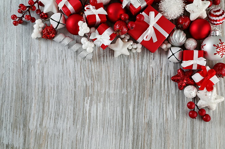 Коледа, декорации, Нова година, звезди, подаръци, HD тапет