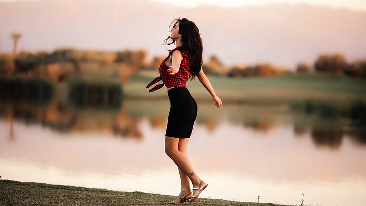 women's black and red collared sleeveless too, women, model, brunette, long hair, women outdoors, skirt, tattoo, checkered, shirt, nature, lake, trees, closed eyes, happy, depth of field, dancing, smiling, happiness, reflection, HD wallpaper