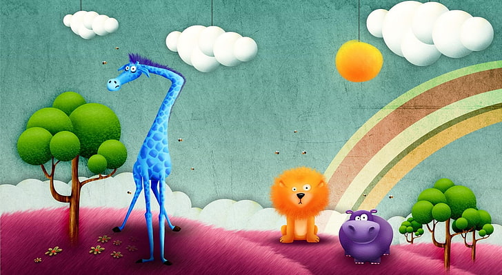 Abstract Animals, blue giraffe and brown lion illustration, Funny, HD wallpaper