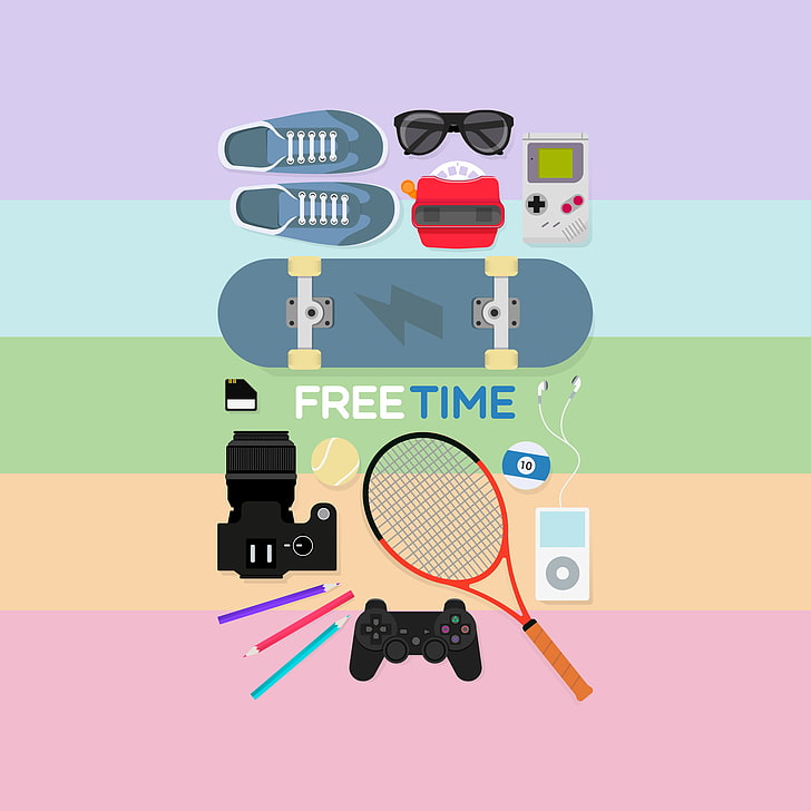 ilustracja niebieskiej deskorolki, czas, Ipod, PlayStation, deskorolka, GameBoy, rakiety tenisowe, kontrolery, grafika, Tapety HD