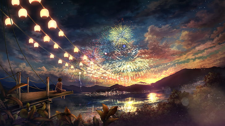 artwork, night, sky, fireworks, anime, colorful, anime girls, HD wallpaper