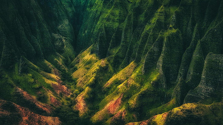 nature, landscape, mountains, valley, shrubs, Kauai, Hawaii, island, cliff, HD wallpaper