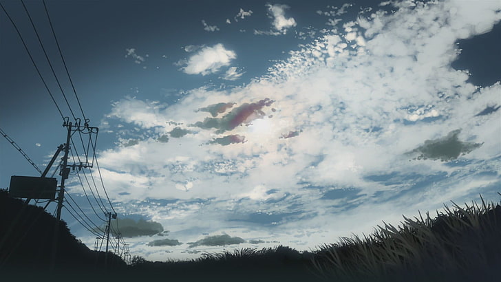 grauer Strommast, 5 Zentimeter pro Sekunde, Wolken, Gras, Stromleitungen, Strommast, Anime, HD-Hintergrundbild