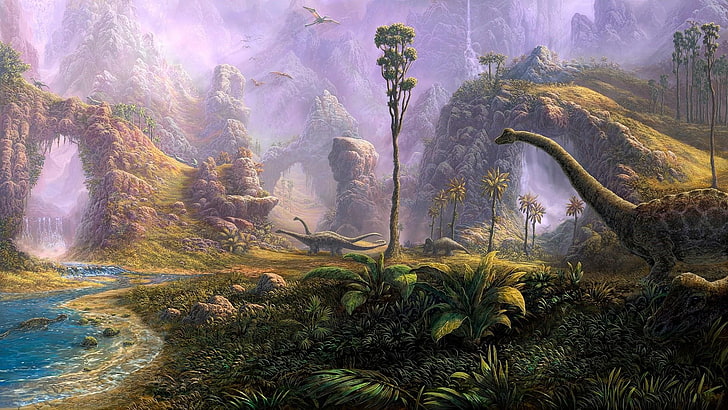 Malerei, Dinosaurier, Dschungel, Wald, Landschaft, Strom, Berg, Bank, Himmel, digitale Kunst, Zeichnung, HD-Hintergrundbild