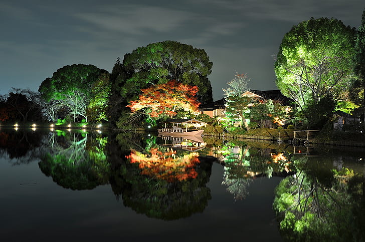 musim gugur, pohon, rumah, refleksi, sungai, perahu, Jepang, Wallpaper HD