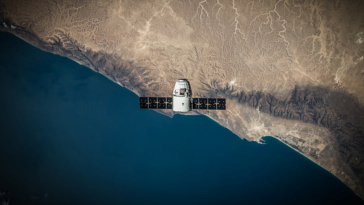 черно-белый искусственный спутник, SpaceX, орбитальный аппарат, космос, HD обои