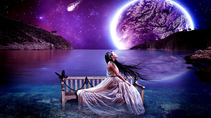 fantasy girl, fantasy art, planet, dream, dreamland, bench, night, sea, stars, good night, moonlight, moon, HD wallpaper