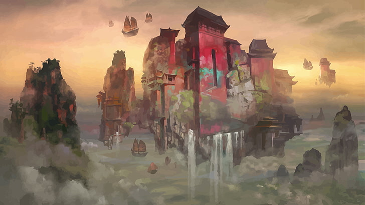 schwimmende tempelmalerei, lieder, futuristisch, fantasiekunst, wolken, berge, HD-Hintergrundbild
