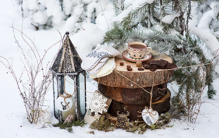 winter, snow, decoration, tea, toys, tree, chocolate, New Year, Christmas, Cup, happy, vintage, Merry Christmas, Xmas, lantern, holiday celebration, HD wallpaper