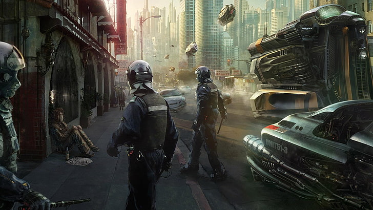 ilustração de soldado, cyberpunk, futurista, polícia, trabalho artístico, cidade futurista, HD papel de parede