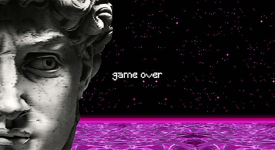 game over text, vaporwave, statue, water, spaceship, GAME OVER, pixel art, Sfondo HD HD wallpaper