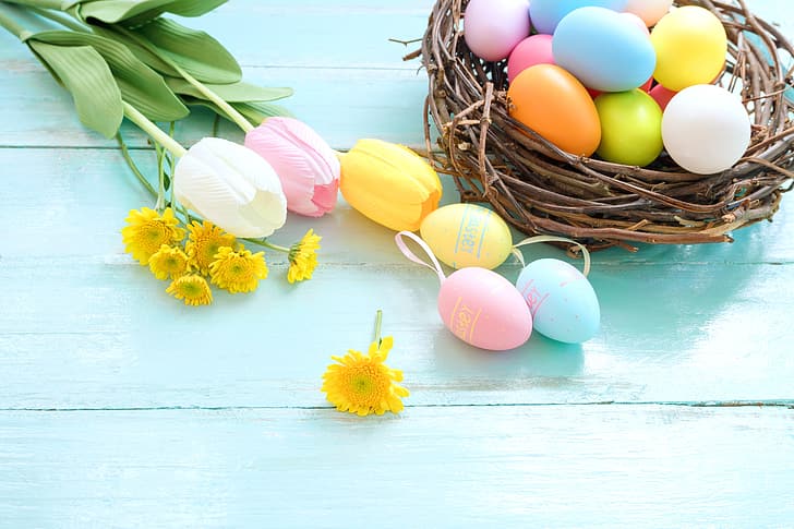 flowers, basket, eggs, spring, colorful, Easter, tulips, wood, pink, decoration, Happy, tender, HD wallpaper