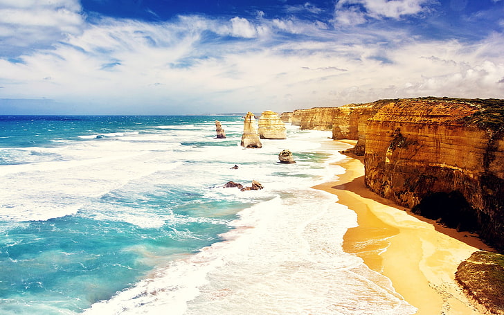 gunung dan lautan coklat, alam, langit, Twelve Apostles, Australia, laut, Wallpaper HD