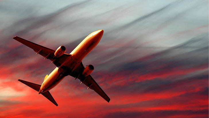 Plane at red sunset, Plane, Red, Sunset, HD wallpaper
