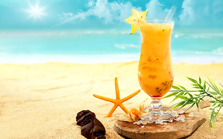 тропици, плаж, пясък, море, коктейл, Тайланд, Бали, Виетнам, жълта напитка в прозрачно парфе стъкло, тропици, плаж, пясък, море, коктейл, Тайланд, Бали, Виетнам, HD тапет