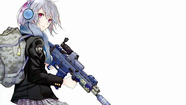 девушка анимированный персонаж держит оружие винтовка обои, аниме, военные, наушники, рюкзаки, школьная форма, белые волосы, прицелы, шарф, униформа, простой фон, белый фон, оружие, подавители, куртка, фиолетовые глаза, красные глаза, оригинальные персонажи, анимедевушки, FN SCAR, пистолет, Fuyuno Haruaki, Guns GirlZ, Holo Sight, компенсатор, HD обои