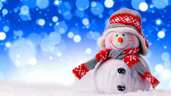 snowman, scarf, cap, christmas, snow, winter, holiday, christmas decoration, HD wallpaper HD wallpaper