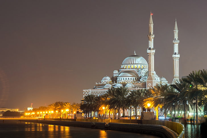 مساجد ، مسجد ، مسجد النور ، عمارة ، بناء ، ليل ، الشارقة ، الإمارات العربية المتحدة، خلفية HD