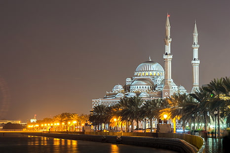 Moskéer, moské, Al Noor-moskén, arkitektur, byggnad, natt, Sharjah, Förenade Arabemiraten, HD tapet HD wallpaper