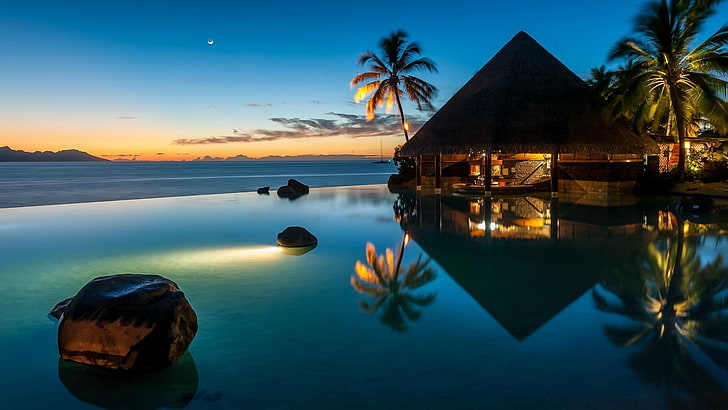 Bar, beach, blue, French Polynesia, landscape, Lights, Moon, nature, Palm Trees, reflection, resort, sea, sunset, swimming Pool, water, HD wallpaper