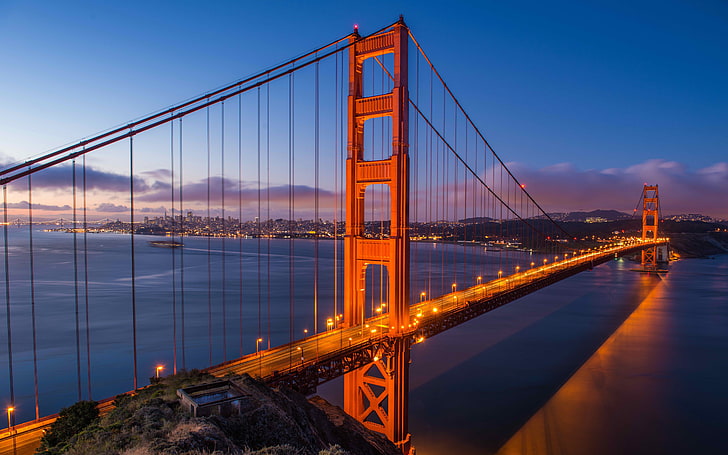 red and white concrete building, San Francisco, USA, bridge, sunset, Golden Gate Bridge, lights, HD wallpaper
