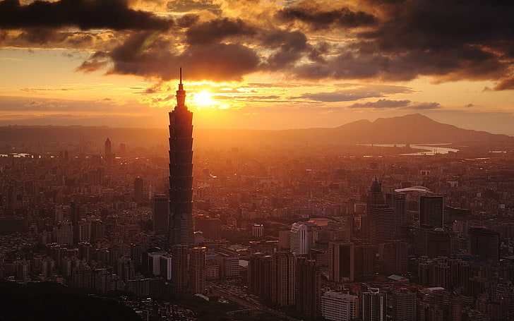 grattacielo, città, grattacielo, paesaggio urbano, luce solare, Taipei, Taipei 101, Taiwan, Sfondo HD
