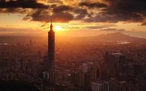 gratte-ciel, ville, gratte-ciel, paysage urbain, lumière du soleil, Taipei, Taipei 101, Taiwan, Fond d'écran HD HD wallpaper
