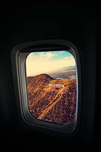 Холивудски знаци, илюминатор, прозорец, самолет, полет, холивудски знак, Лос Анджелис, САЩ, HD тапет HD wallpaper
