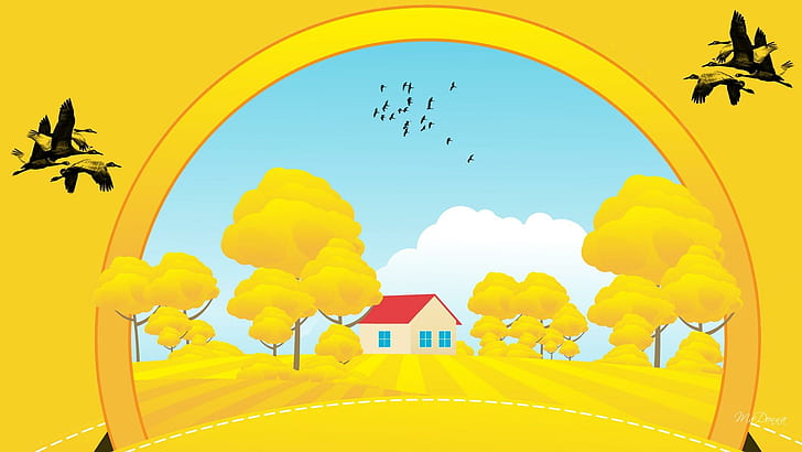 Fall Country Home, giallo, vendemmia, caduta, foglie, alberi, casa, campo, oro, cambiamento, fattoria, colture, casa, stagione, nuvole, Sfondo HD