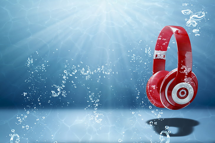 red and white cordless earphones illustration, light, abstraction, music, range, sound, art, headphones, wallpaper., radio wave, headphones water, HD wallpaper