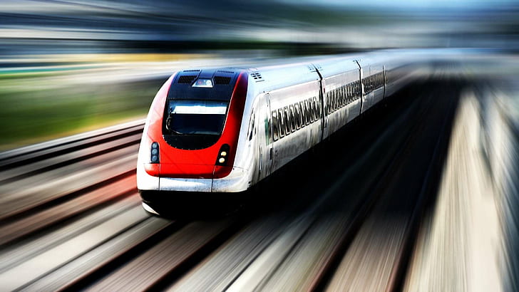 Hochgeschwindigkeitszug HD, weißer und roter Zug, Hochgeschwindigkeits-, Bewegungs-, Schienen-, roter Zug, HD-Hintergrundbild
