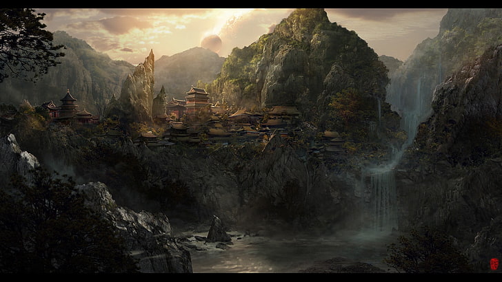 Spiel digitale Tapete, Fantasy-Kunst, Wasserfall, Berge, Ruine, Japan, HD-Hintergrundbild