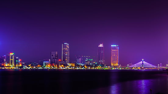 edificio iluminado, ciudad, edificio, puente, noche, luces, Vietnam, Danang, paisaje urbano, río Han, Fondo de pantalla HD HD wallpaper
